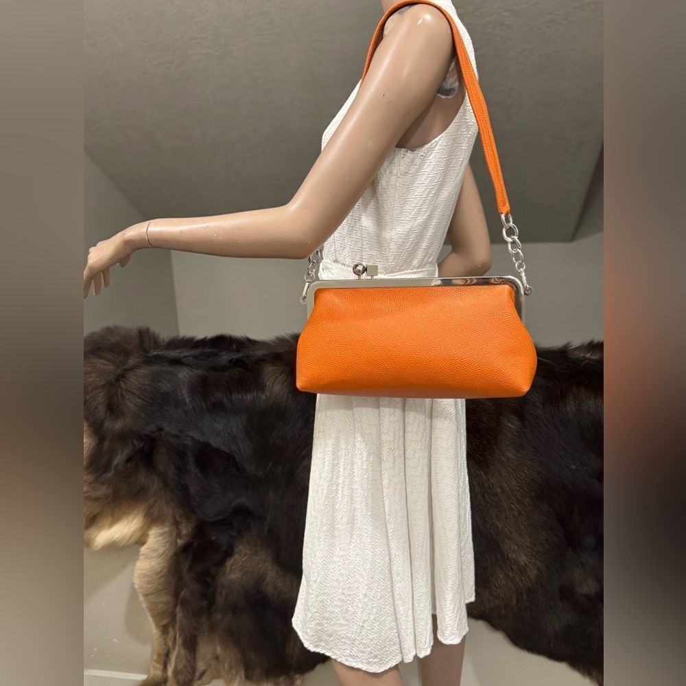 Orange Pebble Cowhide Handmade Unique Kiss Lock Frame Handbag, Multi Use Style